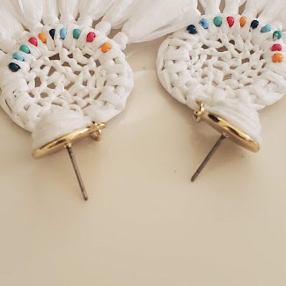 J. Crew Factory Raffia Fan Earrings White Multi-Colored Bead Accents Boho‎ NWT - Picture 4 of 7